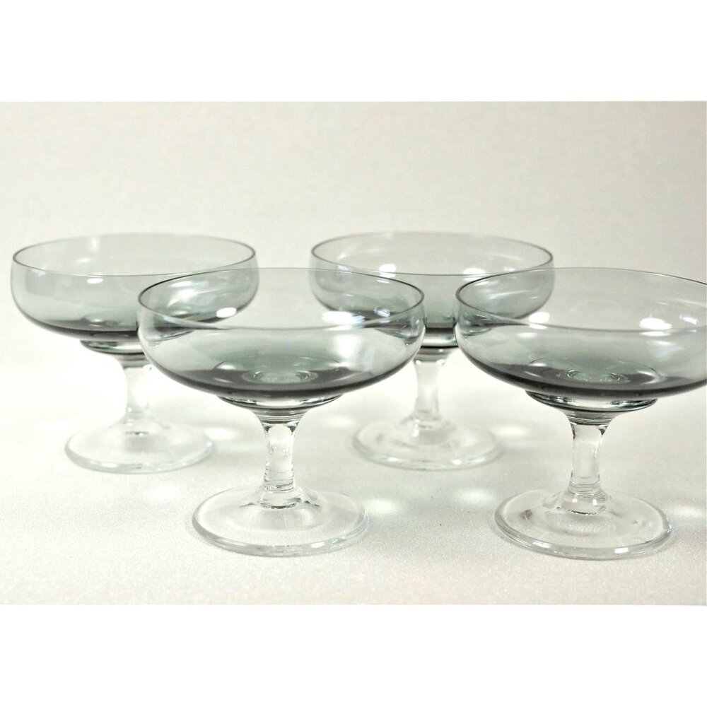 4 Champagne Coupes Per Lüttken Holmegaard Denmark "Atlantic", Smoke Glass Sorbet